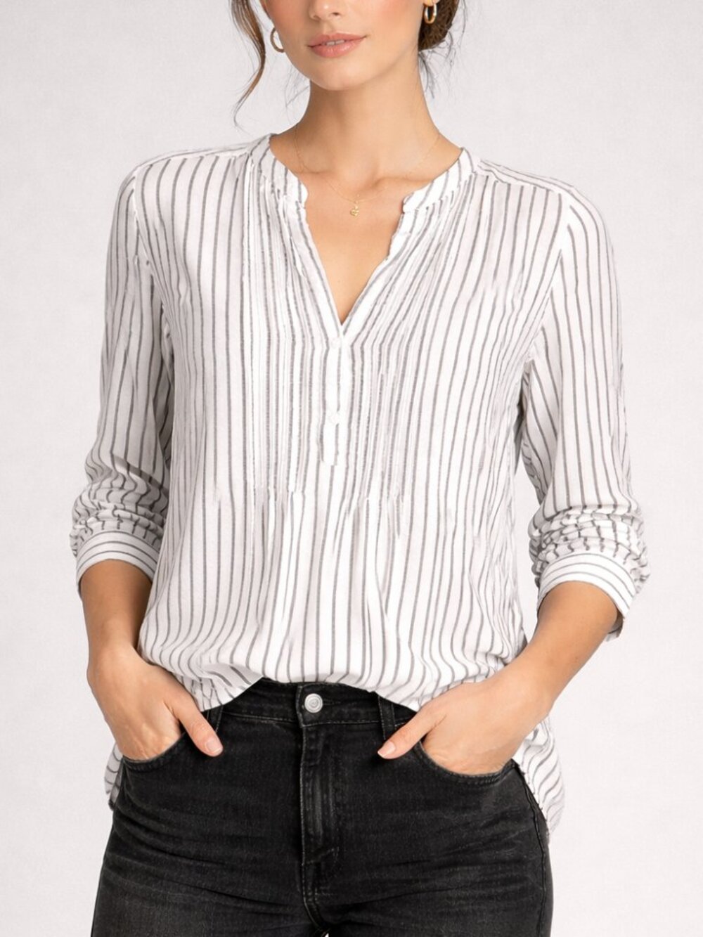 0039 Italy Striped Quarter Button Blouse White Grey‎ Medium
